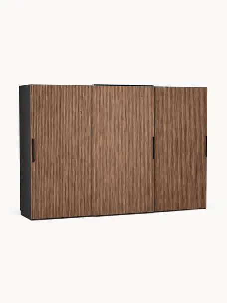 Armario modular Simone, 3 puertas correderas (300 cm), diferentes variantes, Estructura: tablero aglomerado revest, Aspecto madera de nogal, negro, Interior Basic (An 300 x Al 200 cm)