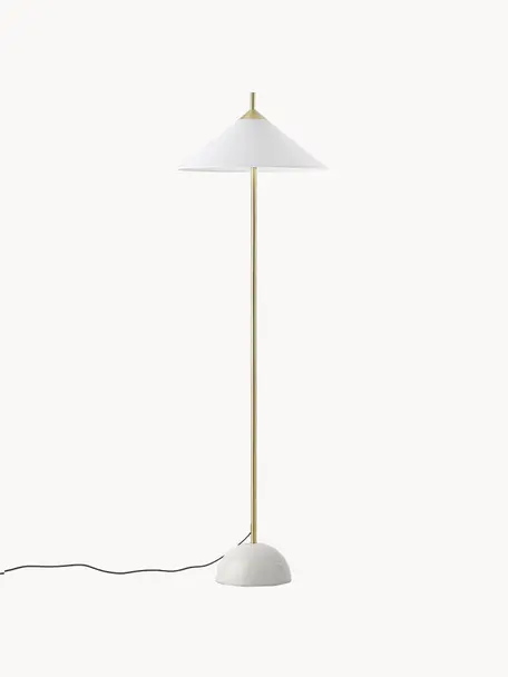 Vloerlamp Vica met marmeren voet, Lampenkap: linnen (100% polyester), Lampvoet: gepoedercoat metaal, Wit, goudkleurig, H 160 cm