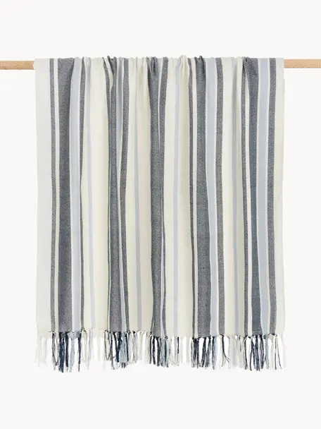 Gestreepte plaid Lines van gerecycled polyester, 100% gerecycled polyester, GRS-gecertificeerd, Blauw, wit, B 130 x L 170 cm