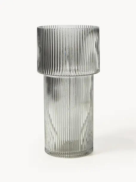 Glas-Vase Lija mit geriffelter Oberfläche, H 30 cm, Glas, Grau, Ø 14 x H 30 cm
