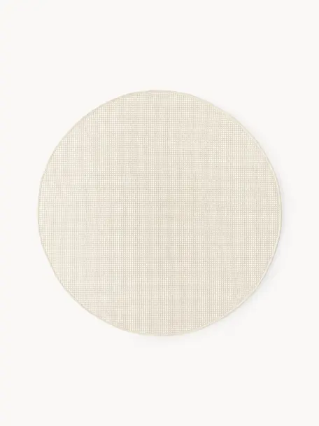 Tapis rond en laine tissé main Amaro, 67 % laine (certifiée RWS), 33 % coton

Les tapis en laine peuvent perdre des fibres lors des premières semaines et des peluches peuvent se former, ce phénomène est naturel et diminue à mesure de votre usage et du temps, Beige, blanc crème, Ø 150 cm (taille M)