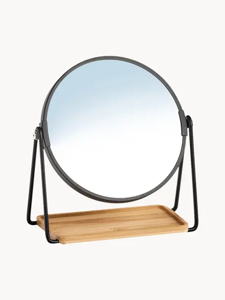 Espejo tocador redondo Nora, con aumento, Estructura: metal recubierto, Estante: bambú, Espejo: cristal, Negro, marrón claro, Ø 18 x Al 21 cm