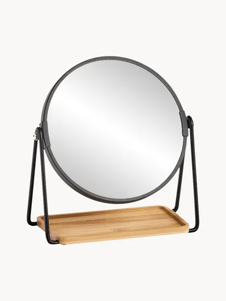 Ronde make-up spiegel Nora vergroting, Lijst: gecoat metaal, Plank: bamboe, Zwart, lichtbruin, Ø 18 x H 21 cm