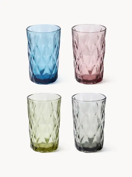 Vasos highball con relieves Colorado, 4 uds., Vidrio, Azul, malva, gris, verde, Ø 8 x Al 13 cm, 310 ml