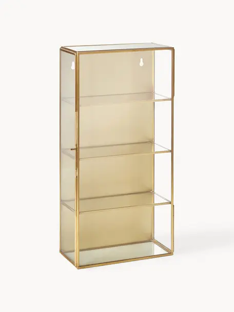 Metall-Wandregal Ada mit Glasablageflächen und Glastür, Rahmen: Metall, vermessingt, Goldfarben, B 20 x H 40 cm