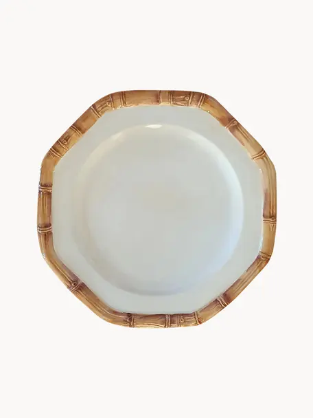 Plato postre pintado a mano Bamboo, Cerámica, Blanco Off White, beige, Ø 21 cm