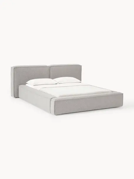 Letto imbottito in bouclé con contenitore Lennon, Rivestimento: bouclé (80% poliestere, 2, Rivestimento: schiuma, certificata Cert, Struttura: legno di pino massiccio, , Piedini: legno, plastica Questo pr, Bouclé grigio, Larg. 208 x Lung. 243 cm (superfice 140 x 200 cm)