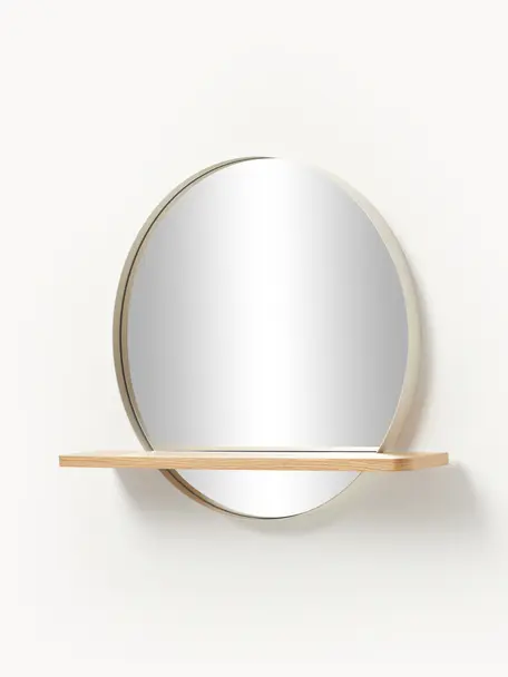 Kulaté nástěnné zrcadlo s dřevěnou poličkou a béžovým kovovým rámem Kenny, Béžová, světlé dřevo, Š 70 cm, V 60 cm