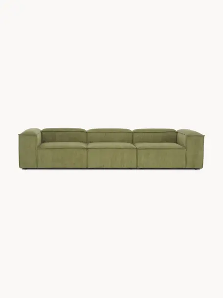 Modulares Sofa Lennon (4-Sitzer) aus Cord, Bezug: Cord (92 % Polyester, 8 %, Gestell: Massives Kiefernholz FSC-, Füße: Kunststoff, Cord Olivgrün, B 327 x T 119 cm