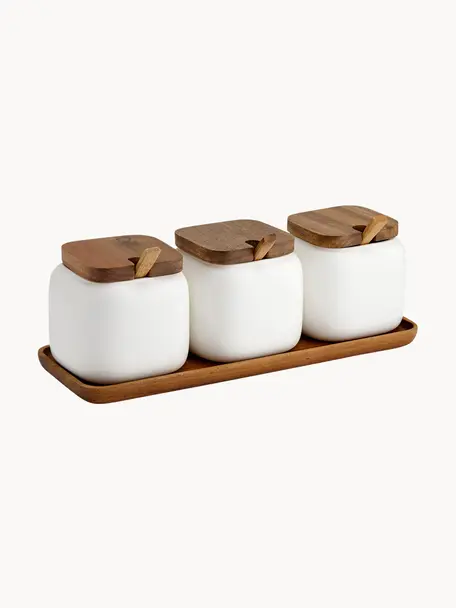 Bocaux de rangement avec plateau Essentials, 4 élém., Porcelaine, bois d'acacia, Blanc, bois d'acacia, Lot de différentes tailles