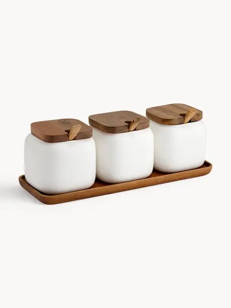 Set di contenitori con vassoio Essentials 4 pz, Porcellana, legno d'acacia, Bianco, legno scuro, Set in varie misure