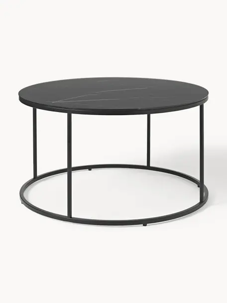Okrúhly konferenčný stolík so sklenenou doskou v mramorovom vzhľade Antigua, Mramorový vzhľad, čierna, Ø 80 cm
