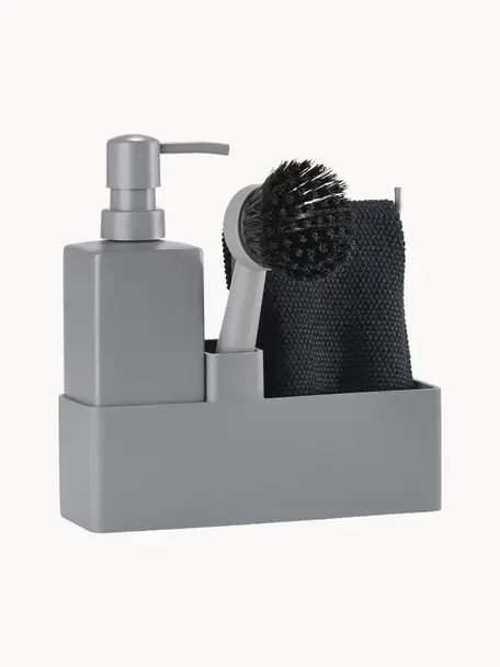 Set dispenser detersivo per piatti con spazzola Parta 3 pz, Ceramica, silicone, Grigio, Larg. 19 x Alt. 21 cm
