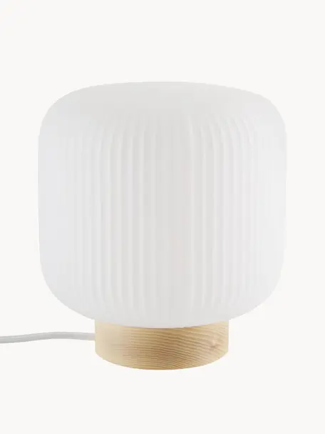 Malá stolní lampa Milford, Opálově bílá, světlé dřevo, Ø 20 cm, V 21 cm