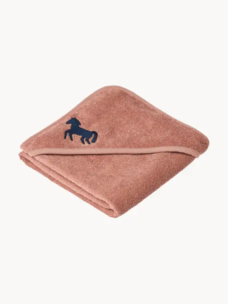 Serviette de bain en coton bio pour bébé Batu, 100 % coton bio, certifié GOTS, Vieux rose, motif cheval, larg. 70 x long. 70 cm