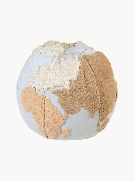 Pouf per bambini fatto a mano World Map, Rivestimento: 97% cotone, 3% fibra sint, Azzurro, tonalità beige, bianco latte, Ø 50 x Alt. 45 cm