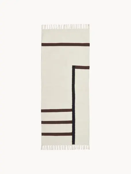 Alfombra corredor artesanal kilim Wyoming, 100% algodón con certificado GOTS, Blanco crema, negro, marrón, An 80 x L 200 cm