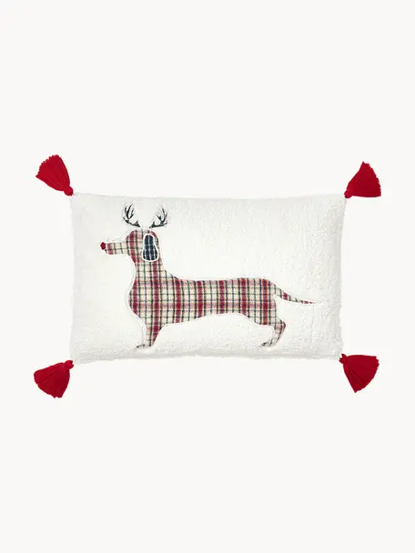 Federa arredo in tessuto teddy con motivo natalizio Dachs, Bianco, rosso, Larg. 30 x Lung. 50 cm