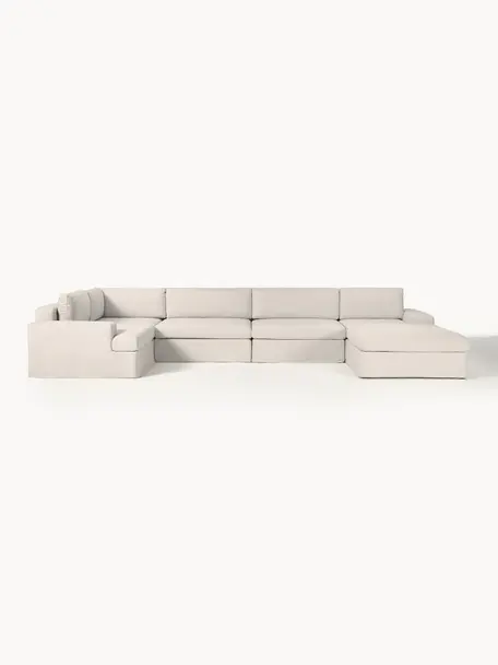 Sofá rinconera modular Russell, desenfundable, Funda: 100% algodón Alta resiste, Tapizado: relleno de espuma, Estructura: madera contrachapada de p, Patas: plástico, Tejido beige claro, An 412 x F 206 cm