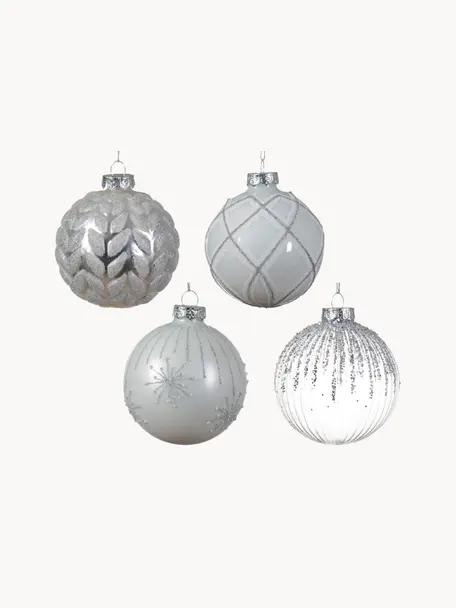 Kerstballen Glam, set van 12, Glas, Wit, zilverkleurig, Ø 8 cm