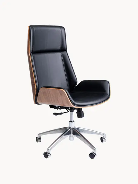 Chaise de bureau cuir synthétique Rouven, hauteur ajustable, Noir, bois, larg. 59 x prof. 64 cm