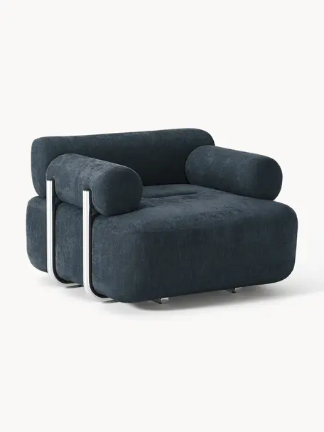 Loungefauteuil Stella, Bekleding: 85% polyester, 15% katoen, Frame: massief sparrenhout, PEFC, Geweven stof denimblauw, B 111 x D 100 cm