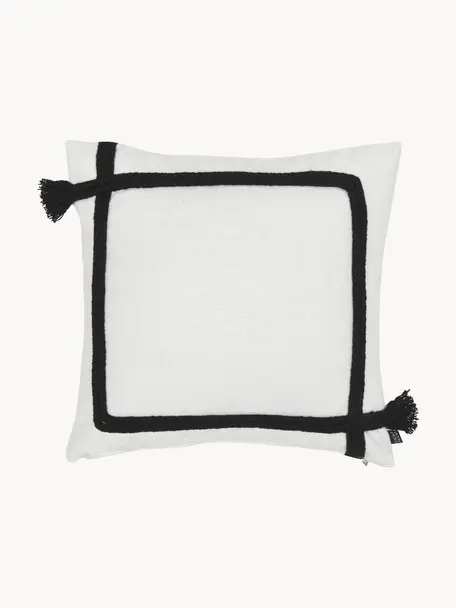Funda de cojín de algodón con borlas Piazza, 100% algodón, Blanco, negro, An 50 x L 50 cm