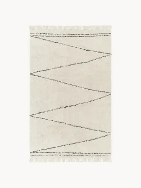 Handgetufteter Baumwollteppich Asisa mit Zickzack-Muster und Fransen, 100% Baumwolle, Hellbeige, Schwarz, B 160 x L 230 cm (Größe M)