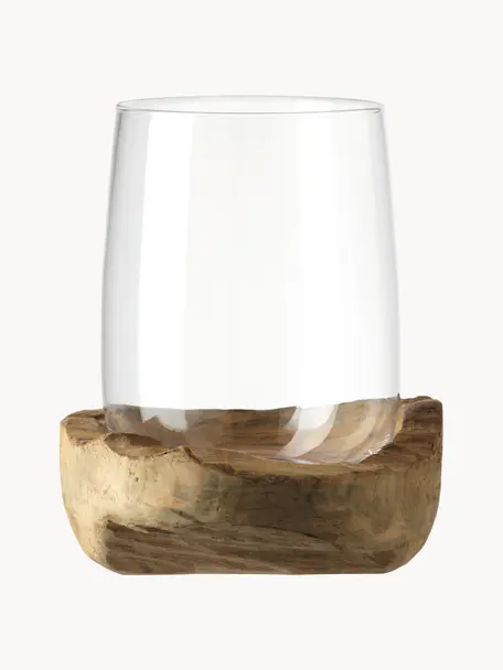 Ručně vyrobený svícen s teakovou podstavou Terra, Světlé dřevo, transparentní, Ø 23 cm, V 27 cm