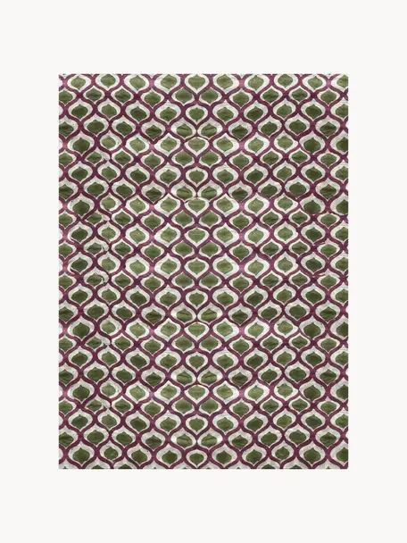 Nappe en coton peinte à la main Azra, 100% coton, Vert olive, aubergine, blanc cassé, 4-6 personnes (long. 150 x larg. 250 cm)