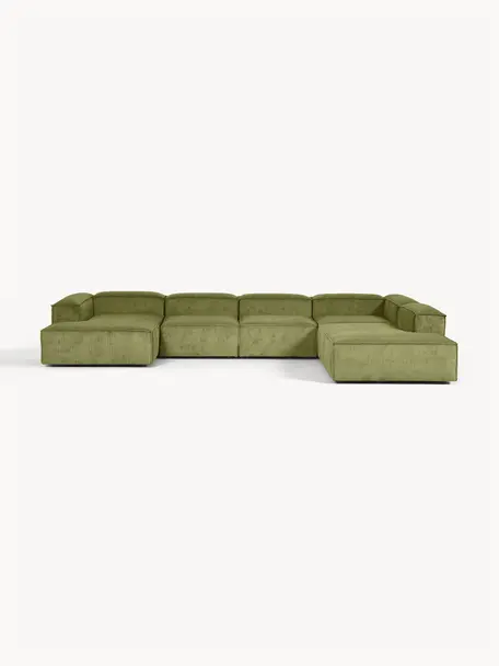 Canapé lounge modulable en velours côtelé Lennon, Velours côtelé vert foncé, larg. 418 x prof. 269 cm, méridienne à droite
