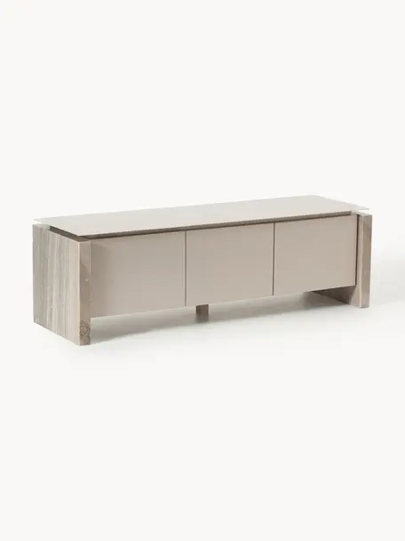 Credenza bassa in marmo e metallo Bruce, Gambe: marmo, Piedini: legno di mango massiccio , Beige chiaro, beige marmorizzato, Larg. 145 x Alt. 45 cm