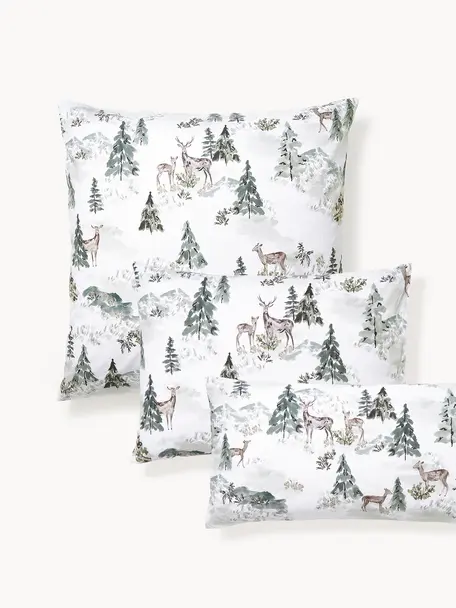 Taie d'oreiller design en percale de coton Forest, Blanc, tons verts, larg. 65 x long. 65 cm