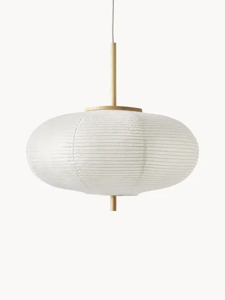Lámpara de techo de diseño Misaki, Pantalla: papel de arroz, Anclaje: metal con pintura en polv, Cable: cubierto en tela, Blanco, madera clara, Ø 52 x Al 24 cm
