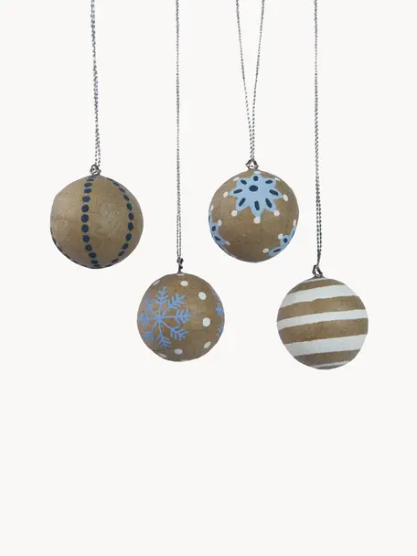 Set 4 palline di Natale Moody, Cartoncino, Marrone, bianco, blu, Ø 3 cm