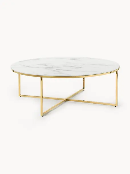 Tavolino rotondo XL da salotto con piano in vetro effetto marmo Antigua, Struttura: metallo ottonato, Bianco effetto marmo, dorato, Ø 100 cm