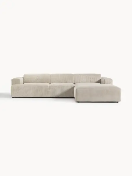 Cord-Ecksofa Melva (4-Sitzer), Bezug: Cord (92% Polyester, 8% P, Gestell: Massives Kiefernholz, Spa, Füße: Kunststoff Dieses Produkt, Cord Hellbeige, B 319 x T 195 cm, Eckteil links