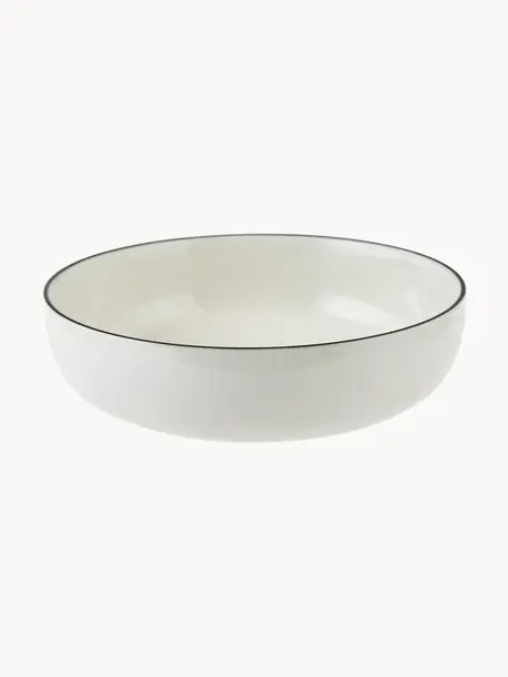 Assiettes creuses en porcelaine Facile, 2 pièces, Porcelaine robuste de haute qualité (env. 50 % kaolin, 25 % quartz et 25 % feldspath), Blanc cassé avec bordure noire, Ø 18 x haut. 6 cm