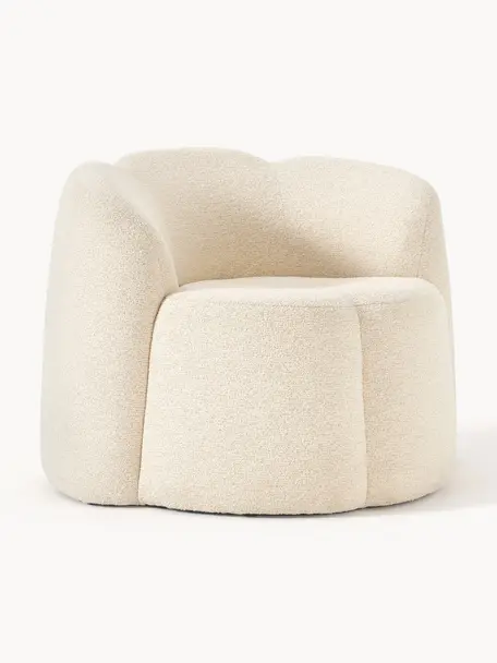 Bouclé loungefauteuil Fleur, Bekleding: bouclé (100% polyester) M, Frame: massief eucalyptushout Di, Crèmewit, B 105 x D 95 cm