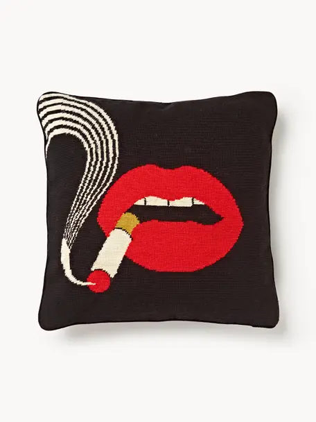 Handgemaakte wollendecoratief kussen Lips Smolder, Zwart, rood, B 45 x L 45 cm