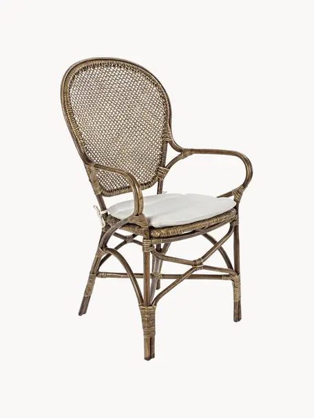 Sedia con braccioli Miel, Struttura: rattan, melamina rivestit, Rivestimento: cotone, Cotone bianco, rattan, Larg. 55 x Alt. 96 cm