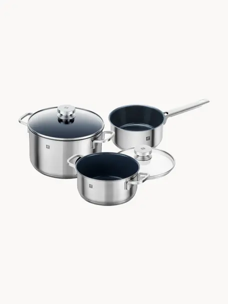 Batería de cocina de acero inoxidable con tapaderas Focus, 3 pzas., Plateado, Set de diferentes tamaños