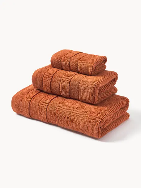 Handdoekenset Luxe met gestreepte rand, set van 3, Terracotta, Set van 3 (gastendoekje, handdoek & douchehanddoek)