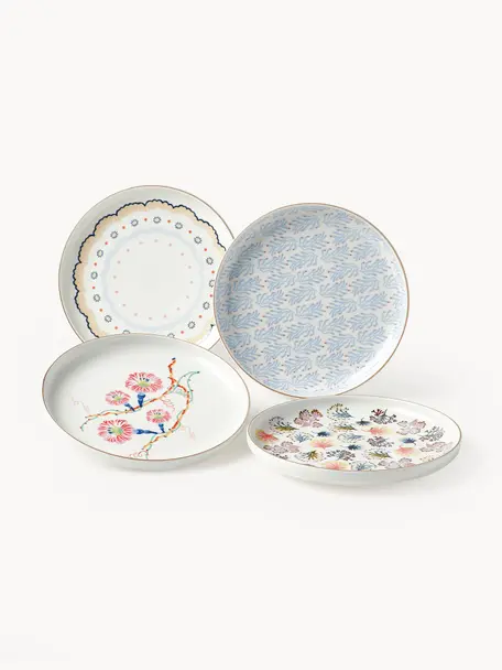 Set di 4 piatti da colazione Flamboyant, Porcellana, Multicolore con bordo dorato, Ø 19 x Alt. 3 cm