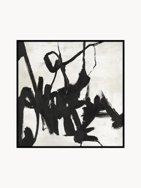 Impression sur toile peinte à la main encadrée Playback, Blanc cassé, noir, larg. 102 x haut. 102 cm
