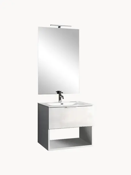 Set lavabo One, 4 pzas., Lámpara: aluminio recubierto, Espejo: vidrio, Parte trasera: plástico ABS, Blanco, Set de diferentes tamaños