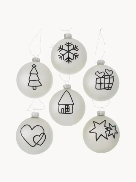 Handgefertigte Weihnachtskugeln Matti, 12er-Set, Off White, Schwarz, Silberfarben, Ø 8 x H 8 cm