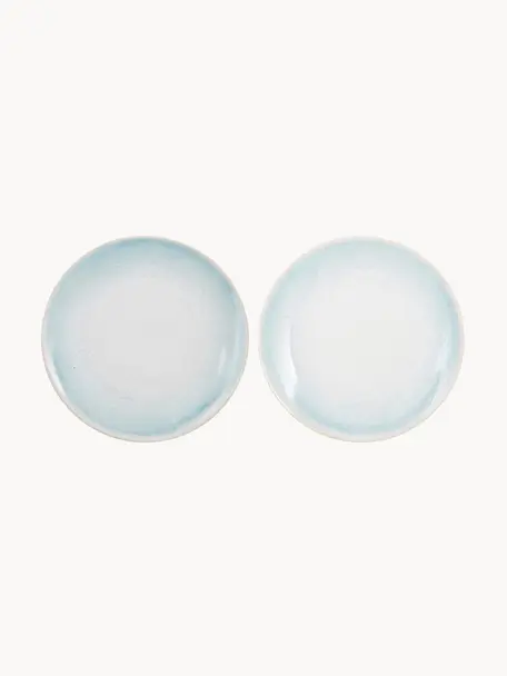 Handgemachte Frühstücksteller Amalia mit effektvoller Glasur, 2 Stück, Porzellan, Hellblau, Off White, Ø 20 cm
