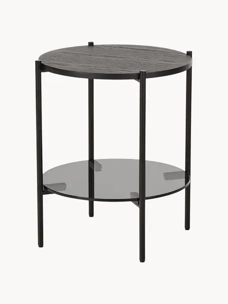 Beistelltisch Valentina mit Glasplatte, Tischplatte: Glas, Ablagefläche: Mitteldichte Holzfaserpla, Gestell: Metall, pulverbeschichtet, Eschenholz, schwarz lackiert, Ø 44 x H 50 cm