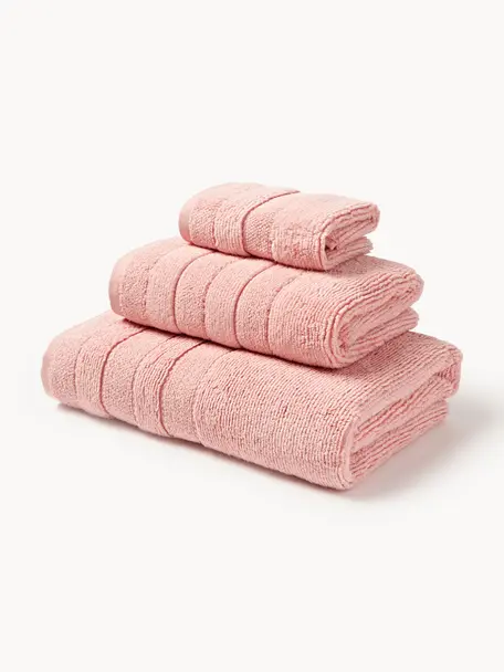 Lot de serviettes de bain avec bordure décorative Luxe, set de tailles variées, Pêche, 3 éléments (1 serviette invité, 1 serviette de toilette et 1 drap de bain)